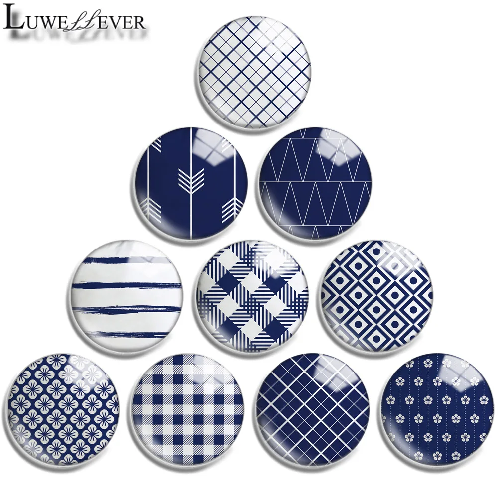 12mm 16mm 20mm 25mm 30mm 40mm 719 Dark Blue Geometry Mix Round Glass Cabochon Jewelry Finding 18mm Snap Button Charm Bracelet