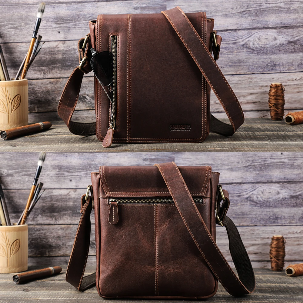 Vintage Men\'s Messenger Bag Shoulder Crossbody Bag Men Genuine Cow Leather Briefcase Flap Pocket Handbag Casual Tote 7.9\'\' iPad