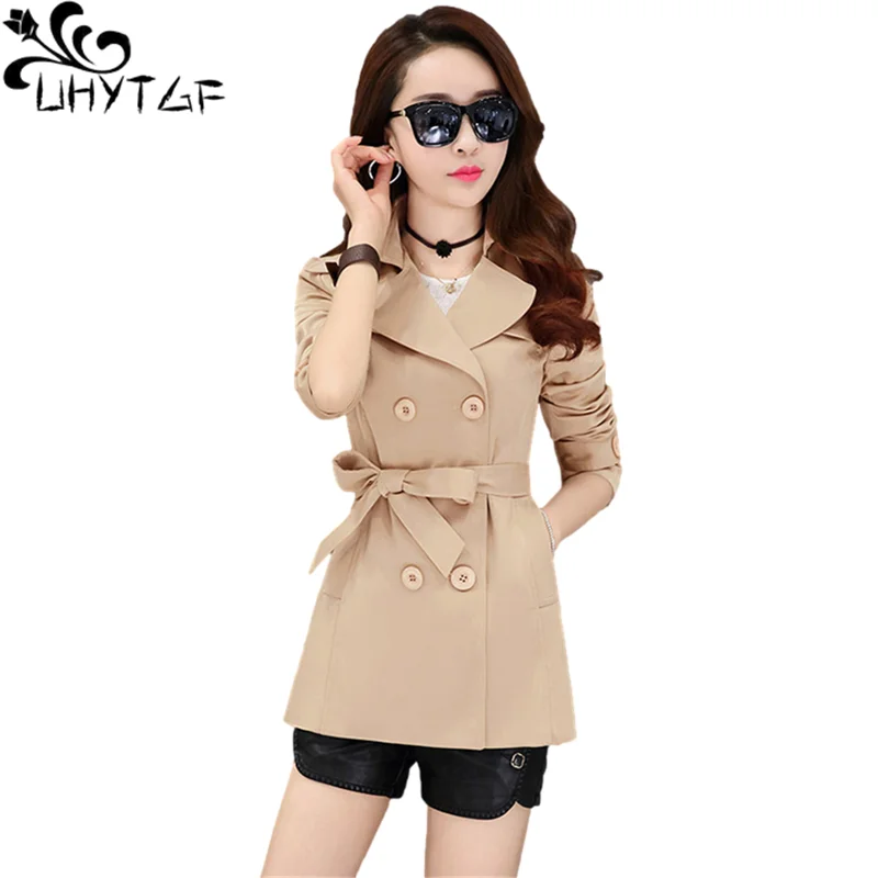 UHYTGF M-3XL Short Jacket Women Fashion Thin Spring Autumn Windbreaker Coat Ladies Belt Double Breasted Slim Female Jacket 1152