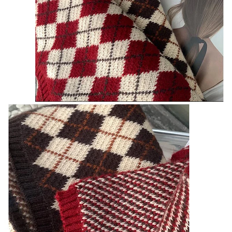 Wool Knitted Scarf Retro Plaid Scarf Women's Winter Scarf Vintage Rhombic Scarf Thick Foulard Shawl for Female image 6