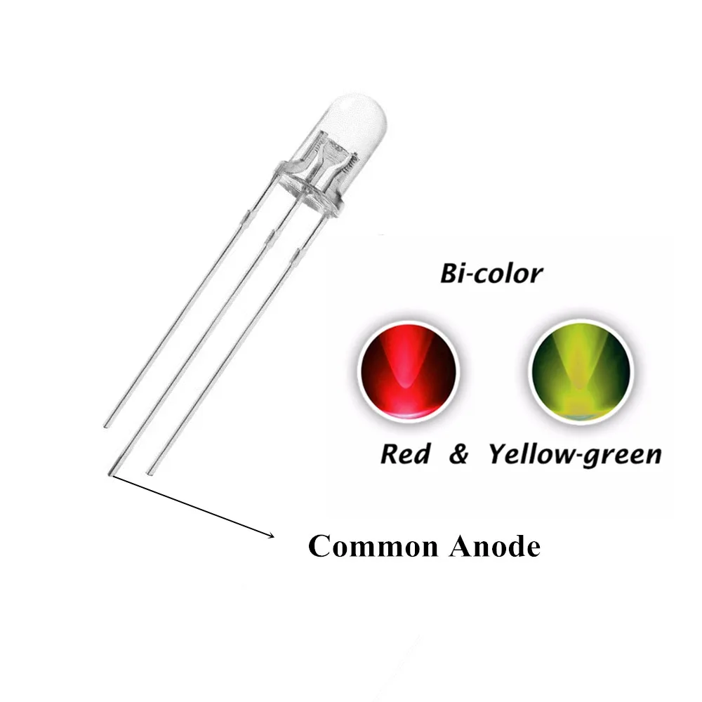 

100PCS, 5MM Red + Yellow Green, Bicolor DIP LED, Common Anode, Water Clear F5 R+YG 3PIN