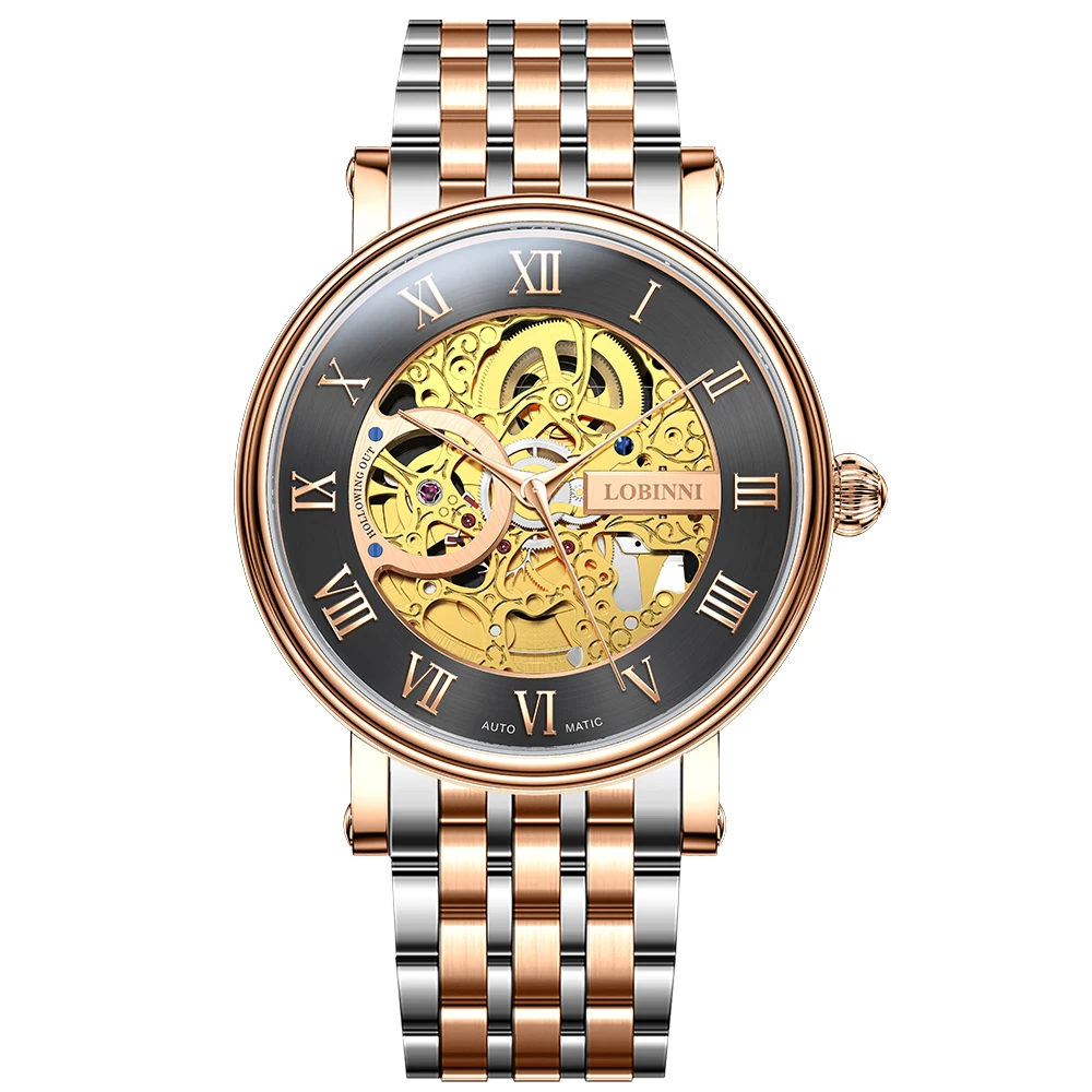 LOBINNI New Transparent Case Open Work Stainless Steel Mechanical Skeleton Wrist Watch Luxury Men Waterproof Automatic Watches