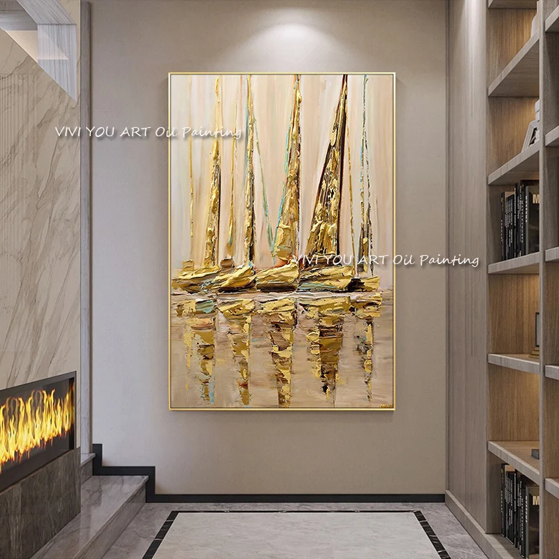 

The Handmade Golden Ship Abstract Modern Original Water Thick Oil Painting Canvas Handpainted Textured Wall Art Sea View Drawing