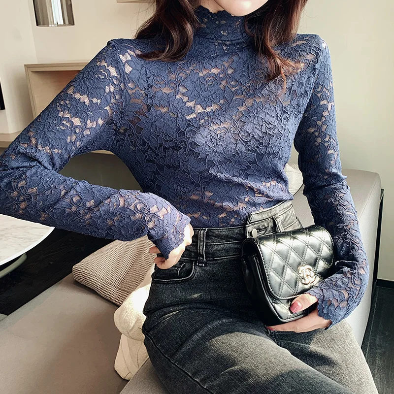 2019 Turtlneck Elegant Lace Blouse Shirt Sexy Hollow Out Embroidery feminine Blouse Women Long Sleeve Spring Summer Tops Female