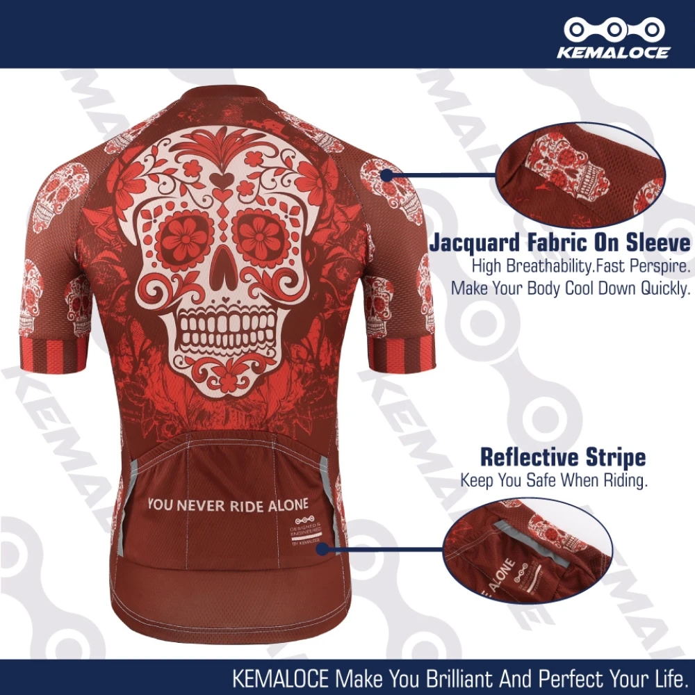 KEMALOCE Cycling Jersey Unique Red Skull Youth Pro Team Bike Sportswear Retro Novelty China Imported Men Bicycle Shirts