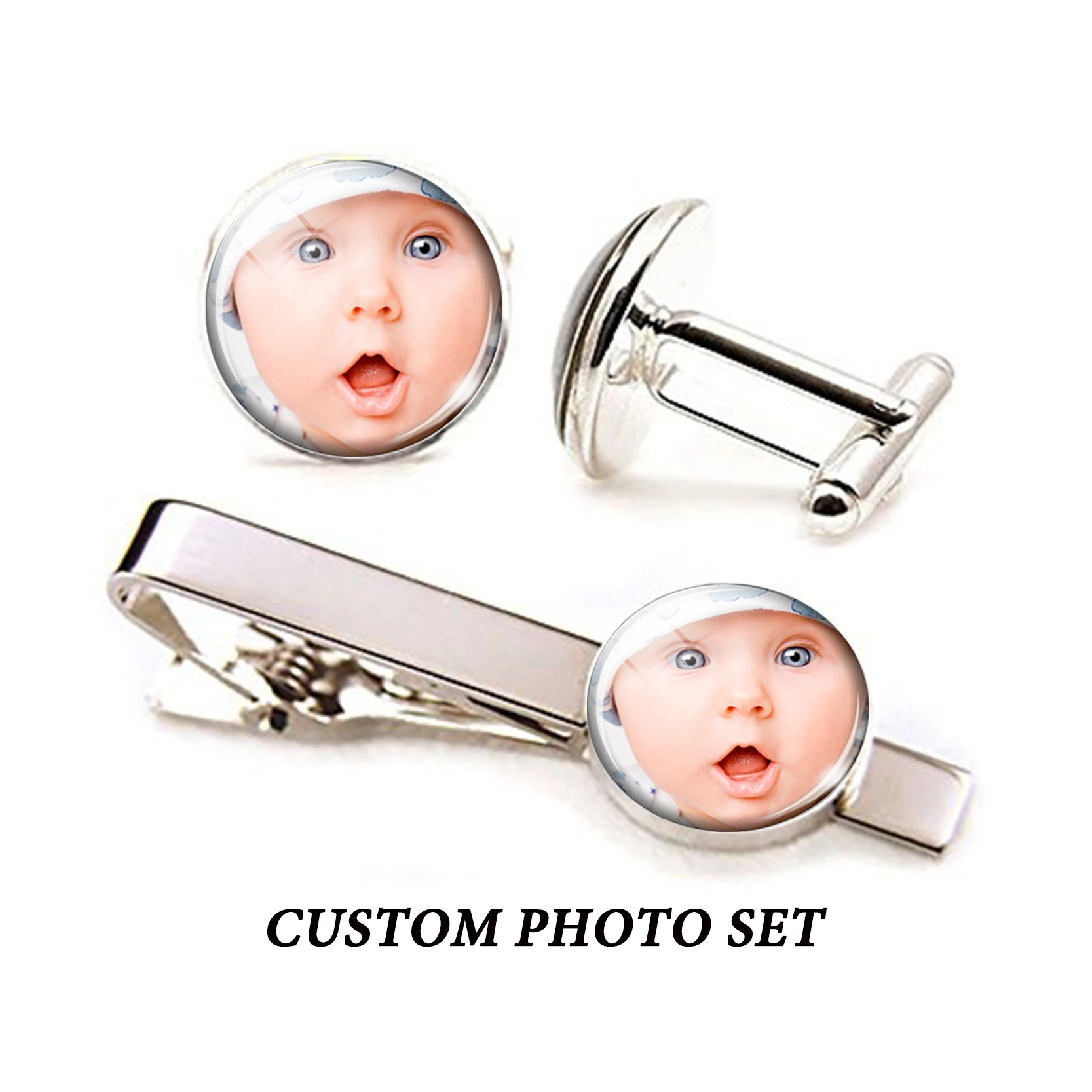 Custom Letters Cufflinks Tie Clips  Set Customized Family Photo Logo Men Wedding Cufflinks Set Personalized Gifts