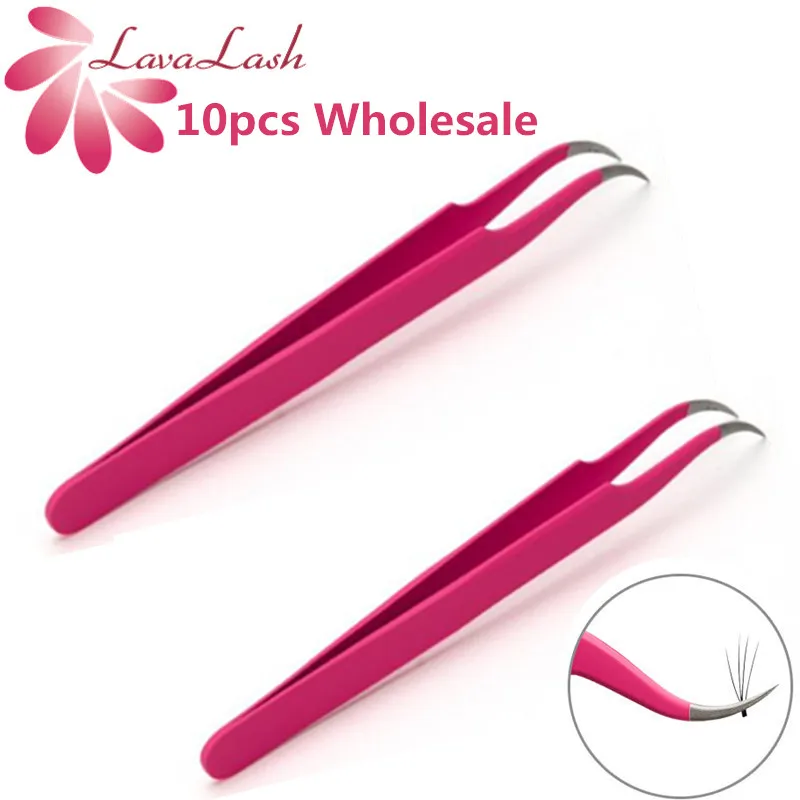 

10 pcs Stainless Steel Eyelashes Tweezers Professional Lashes Extension Pink Decor Anti-static Eyelash Tweezer Makeup Tools