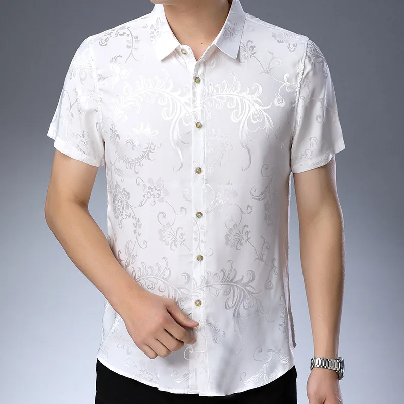 

Flowers Printed Mens Short Sleeve Shirts Silk Summer Mens Fashion 2020 Mens Shirts Large Sizes Classic White Plus Size Blouse