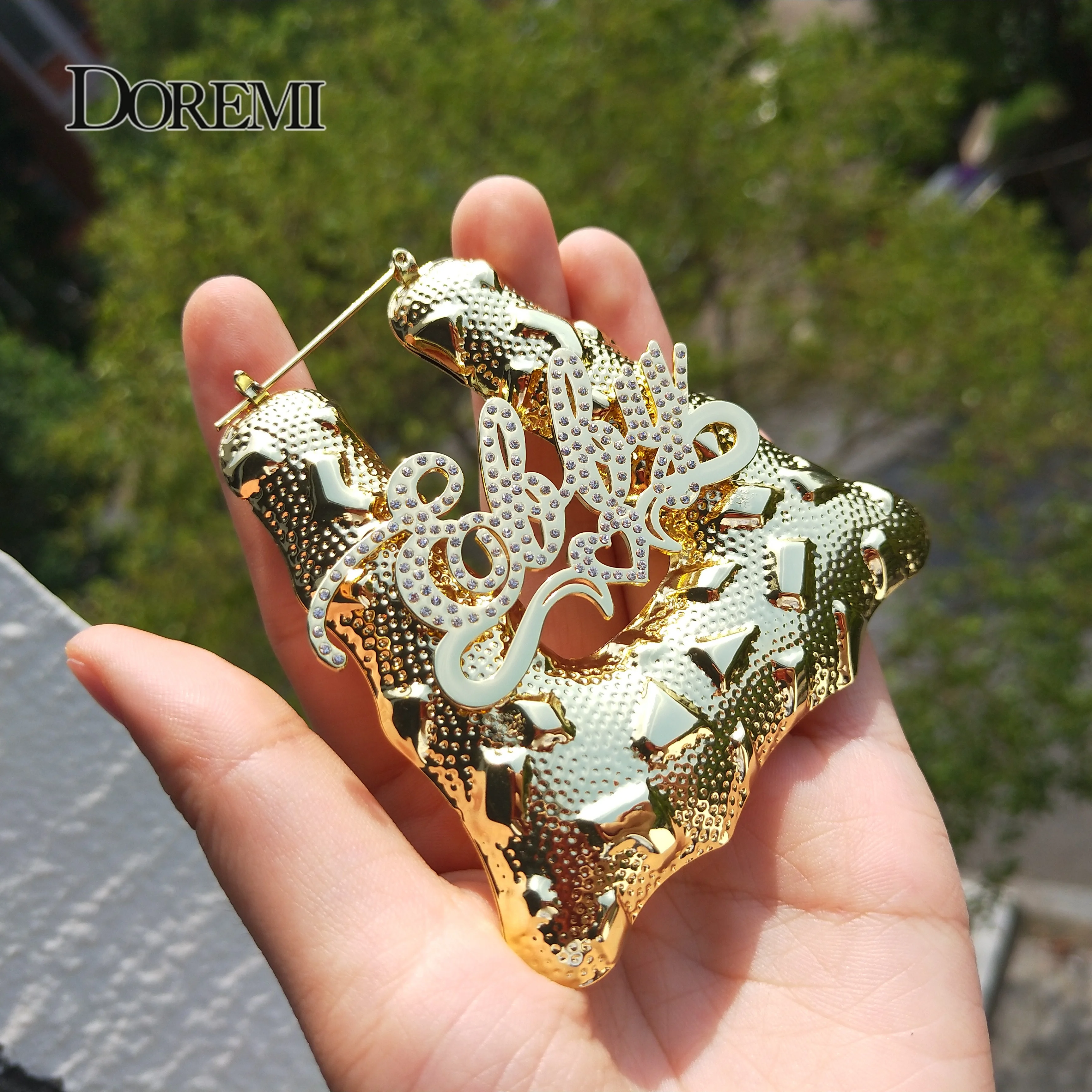 DOREMI Bling Name Bamboo Earrings Custom Triangle Hoop Bamboo Names Earrings Letter Big Personalised Name Earrings Women Gift