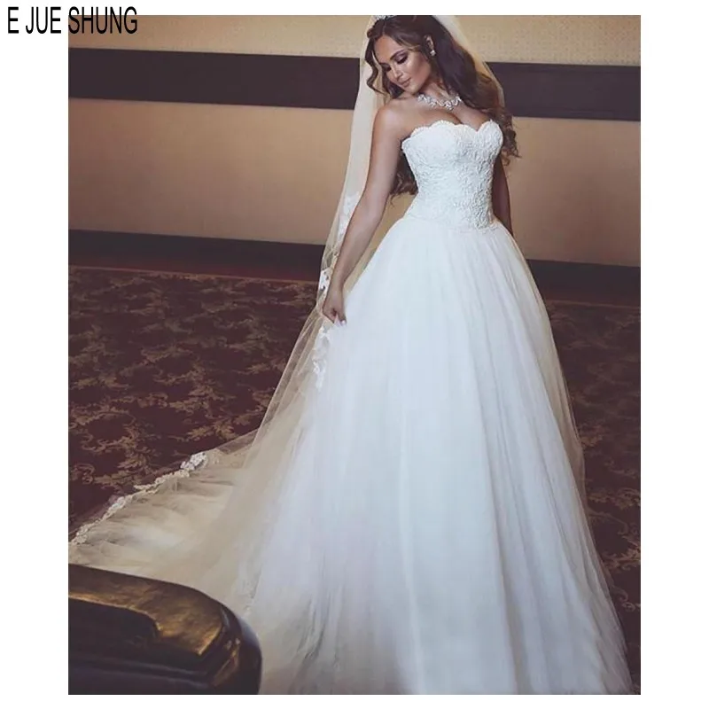 

E JUE SHUNG New Arrival Wedding Dresses Strapless Neck Lace Up Back Appliques Simple Long Bridal Wedding Gowns vestido de noiva