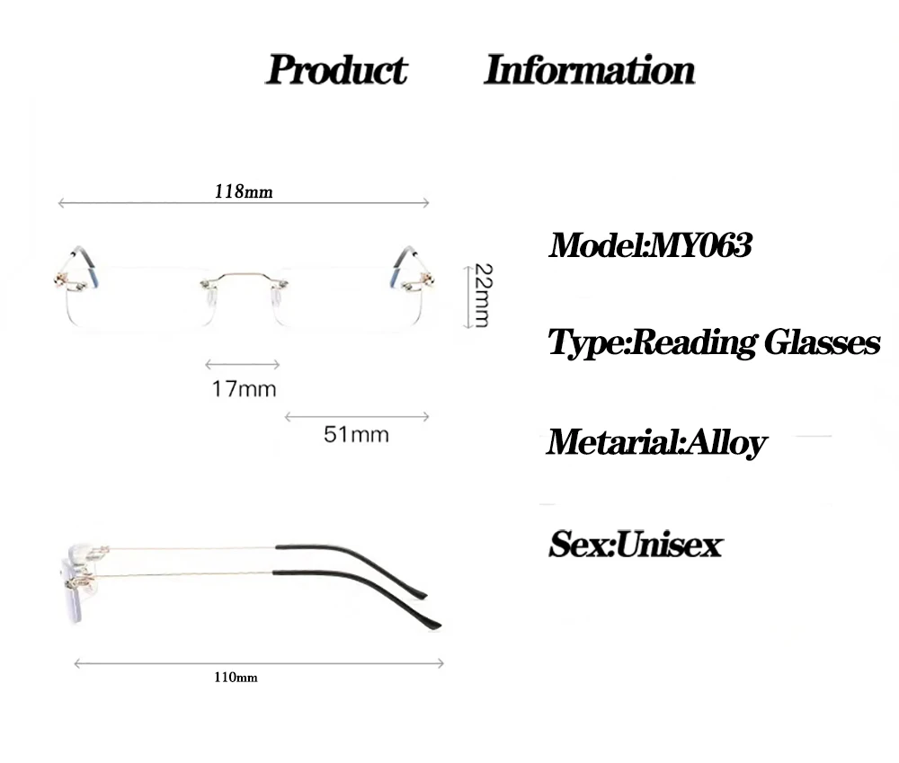 Mode Rimmlose Lesebrille Flexible Legierung Rahmenlose Brillen Mit Fall Retro Quadratischen Rahmen Gläser Für Männer Dioptrien + 3,5 + 4 – Detail 1