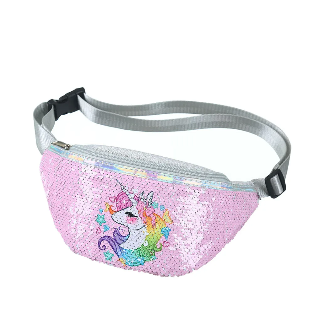 Hot Sale Cartoon Unicorn Sequin Girls Waist Bag Kids Fanny Pack Children Sequins Printing Chest Bag Outdoor Travel Pouch