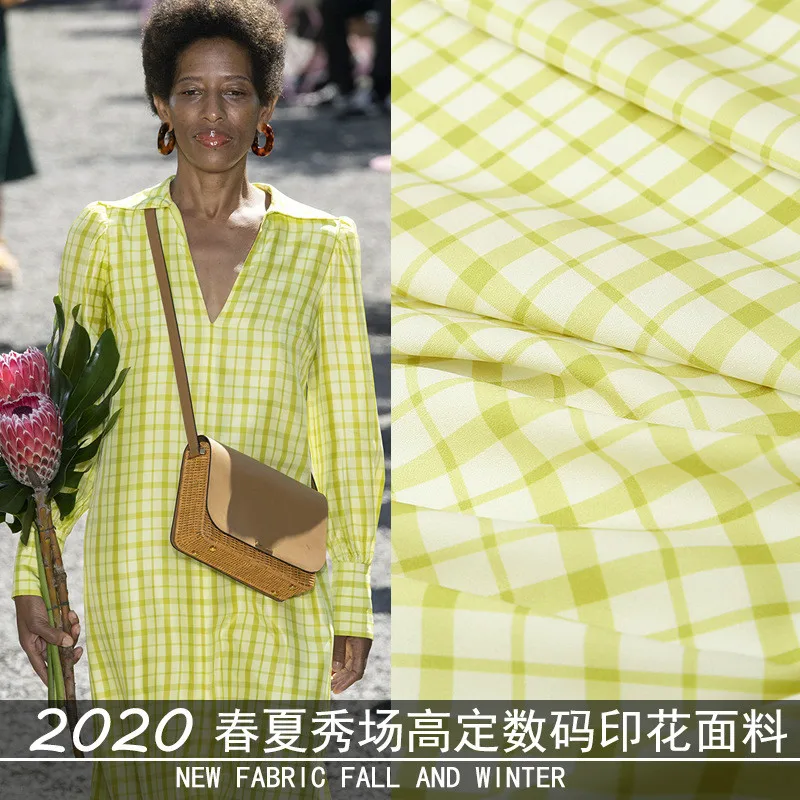 2020 spring and summer new flower fluorescent green plaid digital printing clothing dress fabric crepe fabric 4 colors