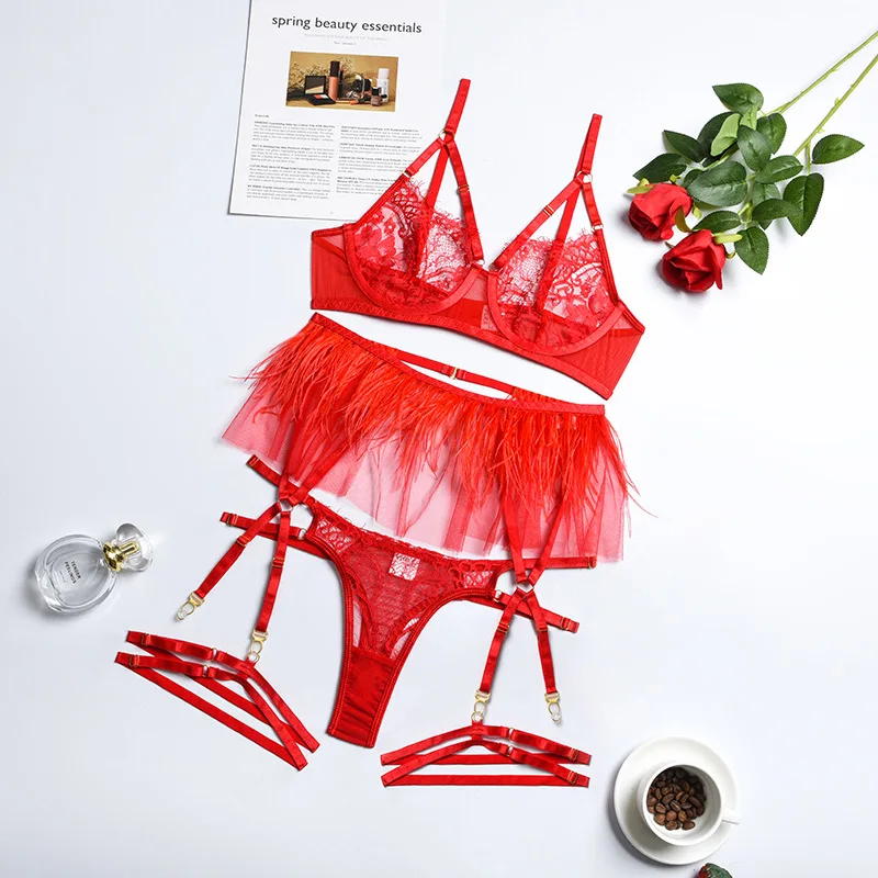 Yimunancy 3-Piece Lace Bra Set Women Bandage Lingerie Set Ladies 3 Colors Sexy Underwear Set with Underwire