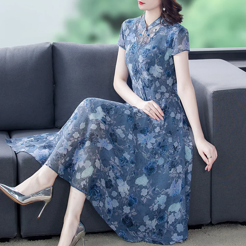 

2021 New High Quanlity Temperament Elegant Floral Short Sleeve Slim Women Dresses Mulberry Silk Summer Dresses Plus Size Dress