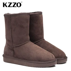 KZZO Australian Classic Mid-calf Men Snow Boots 100% Genuine Leather Natural Wool Lined Casual Winter Warm Non-slip Shoes 38-47