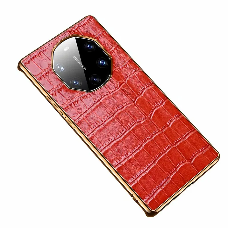 Shockproof Full Protective Genuine Leather Crocodile Case Cover for Huawei Mate 30 Pro 40 RS Gold TPU Frame