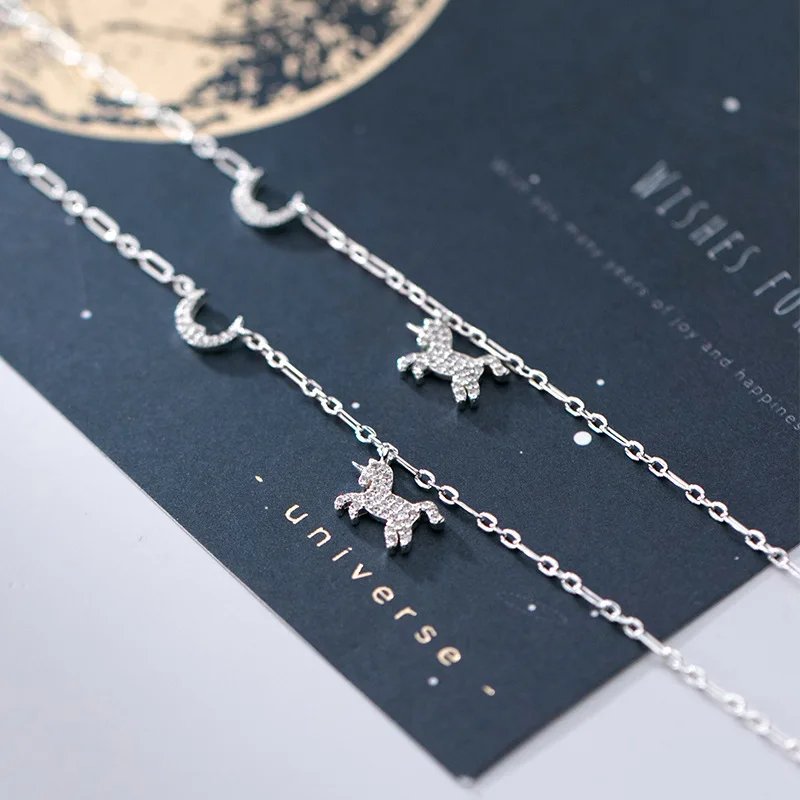 Silver 925 Unicorn Anklet For Women Moon Foot Bracelet On The Leg Jewelry Leg Chain 16 21 Extension 3 4 CM Adjustable