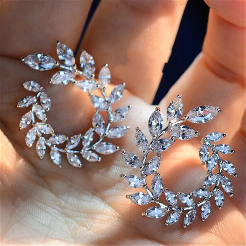 New Design Sparkly Olive Branch Leaf Shape Marquise Cut Big Cubic Zirconia Stud Earrings For Women Fine 925 silver Jewelry