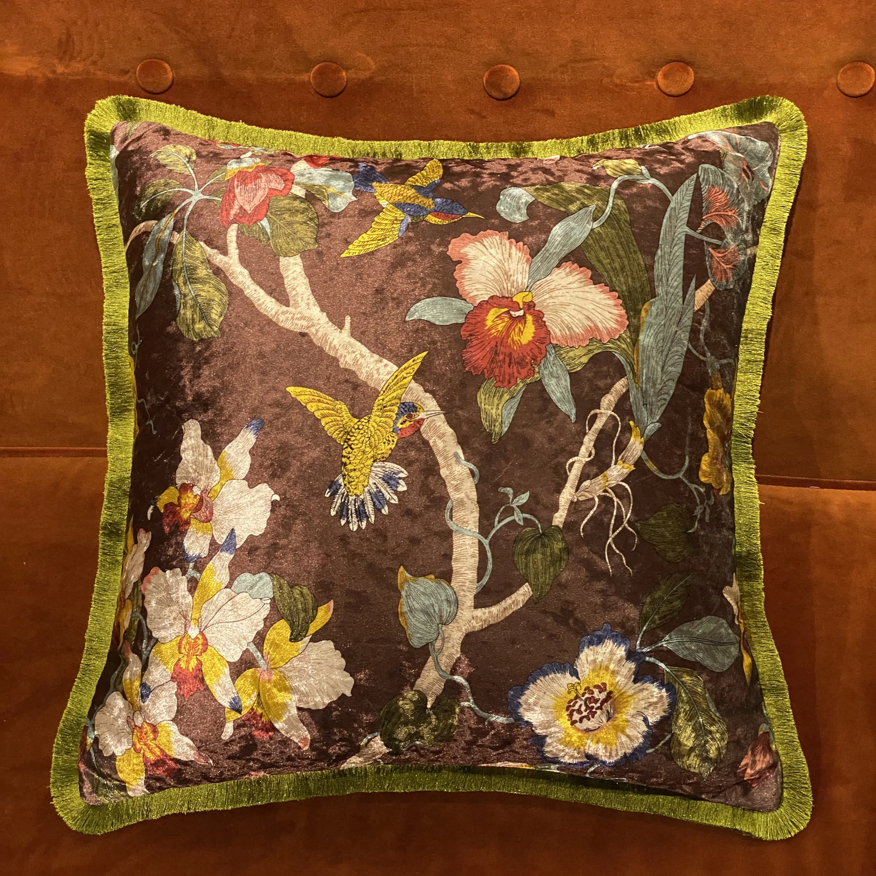 Medicci Home Luxury Pillow Cover Italy Shiny Velvet Floral Hummingbird Print Retro Vintage Ancient Cushion Case Brown 50X50cm