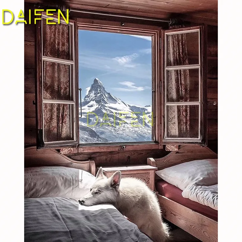 Full Square Diamond mosaic snow mountain window wolf fox 5D DIY Diamond painting Full Round Diamond embroidery Cross stitch