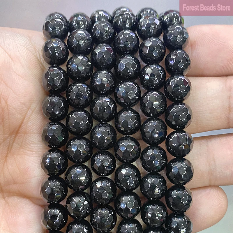 Natural Agates Beads Faceted Football Shape Black Agates Round Beads for Jewelry Making Diy Bracelets 15'' Inch 4/6/8/10/12mm