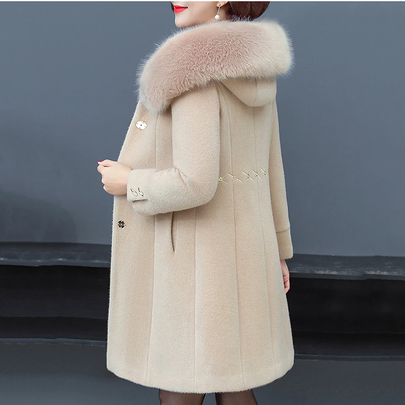 2025 Winter Mink Velvet Overcoat New Autumn Jacket Female Fashion Size 4XL Warm Mother Tops Medium Long Hooded Woolan Coat Woman