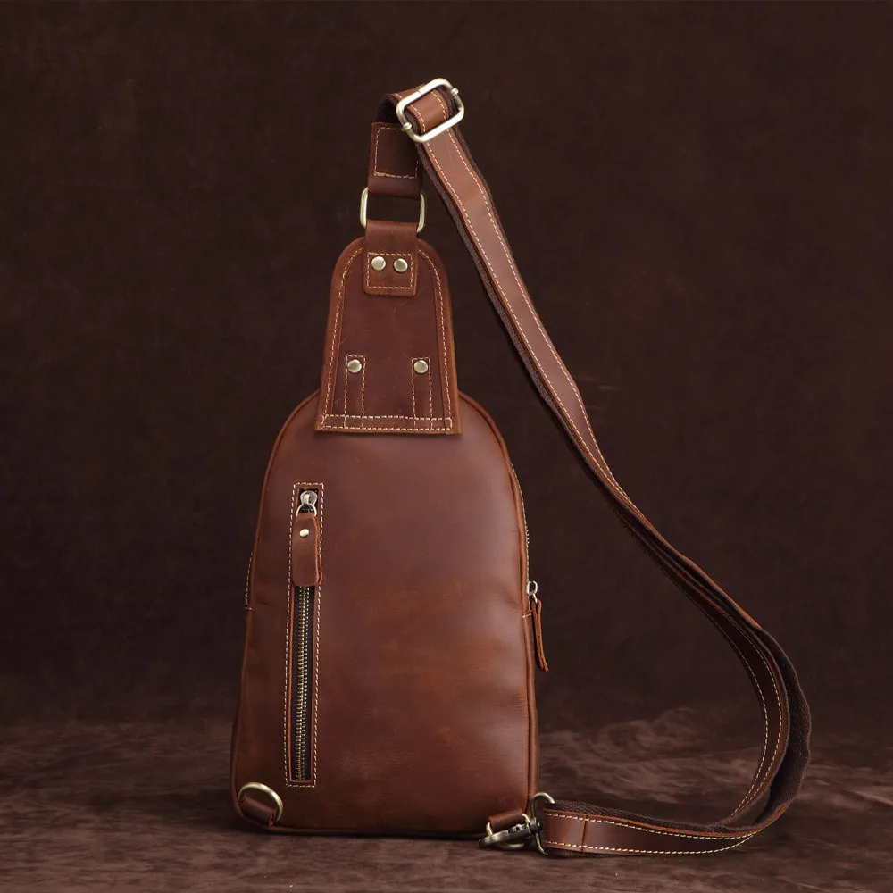 SF068 Mens Boys Messenger Shoulder Bag Sling Bag Chest Case Crossbody Bags Vintage Real Cow Leather Leisure Casual Brown Zipper