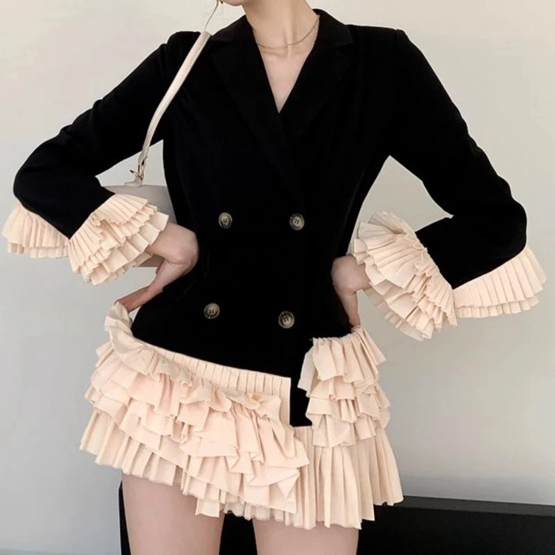 Women Notched Collar Long-sleeved Blazer Coat Female Double Breasted Loose Sweet Patchwork Ruffles Suit Tops