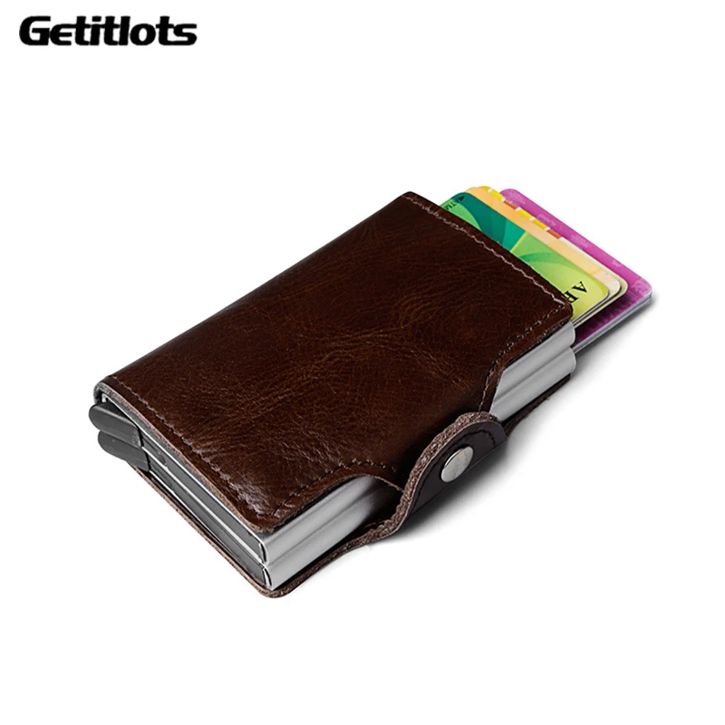 

Автоматический выдвижной кожаный держатель для удостоверения личности, мужской держатель для кредитных карт, деловой двойной Алюминиевый металлический кошелек с RFID, кошелек для карт с защитой от кражи