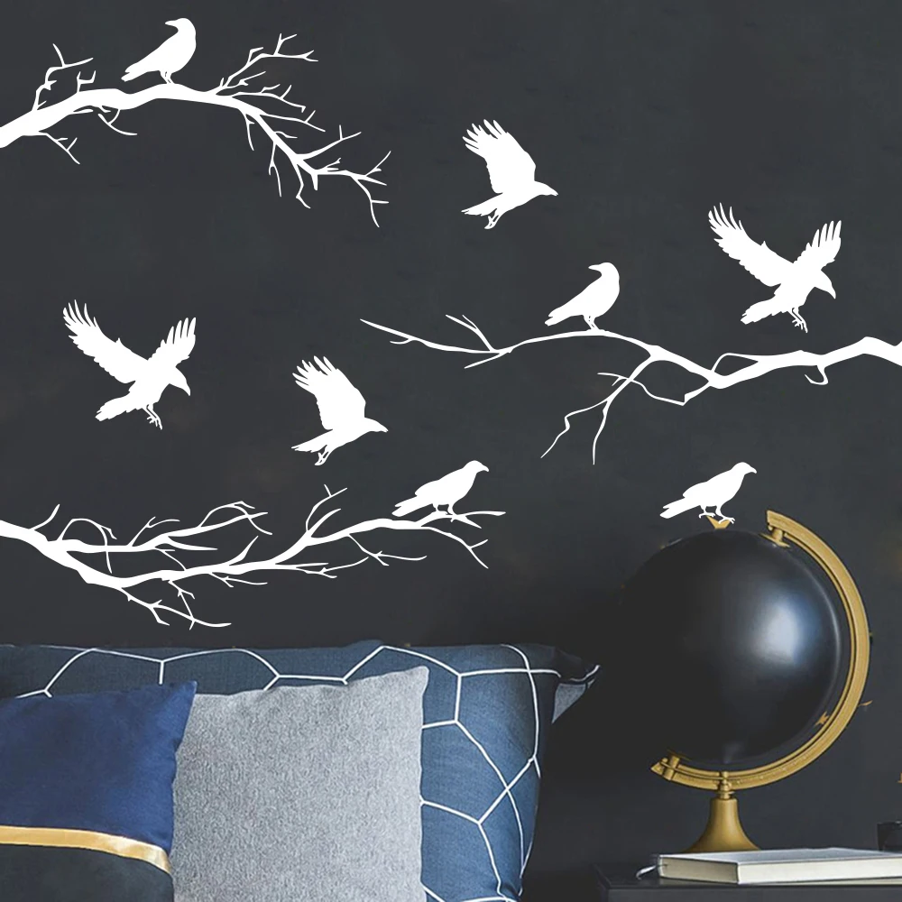 Large Crows and Winter Branches Wall Sticker Teen Kids Room Halloween Animal Bird Landscape Wall Decal Bedroom  Decor