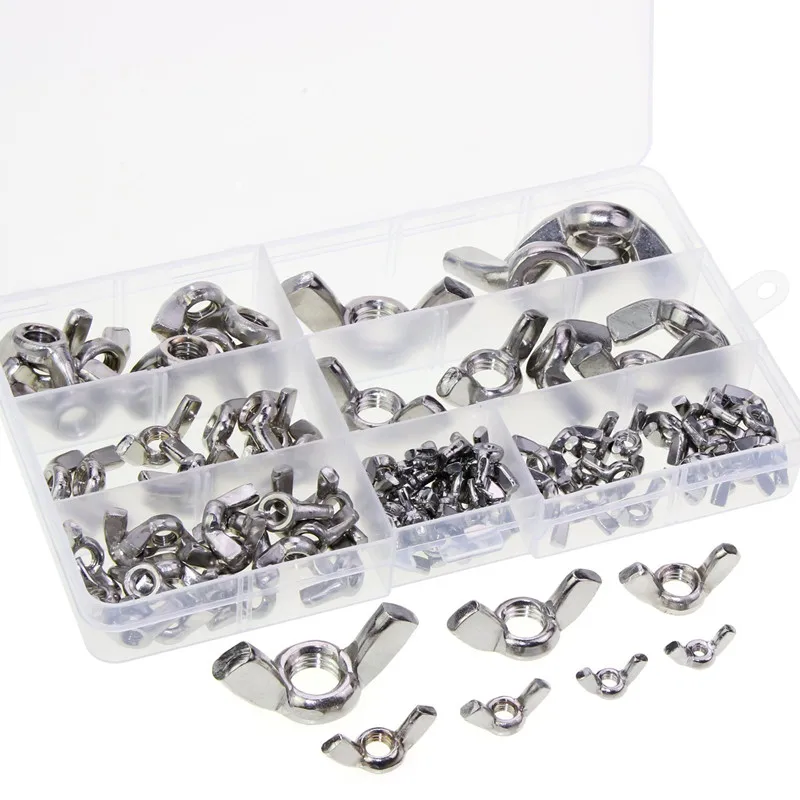 

100pcs Wing Nut Assortment kit Stainless Steel Butterfly Screw Cap Hand Nut Locking Wingnuts Fastener Tool M3M4M5M6M8M10M12