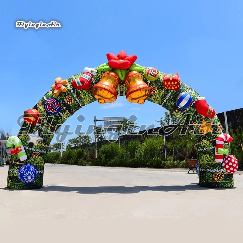 Winter Outdoor Christmas Inflatable Gift Archway 6m Width Green Air Blown Xmas Arch With Ornaments For Gate Decoration