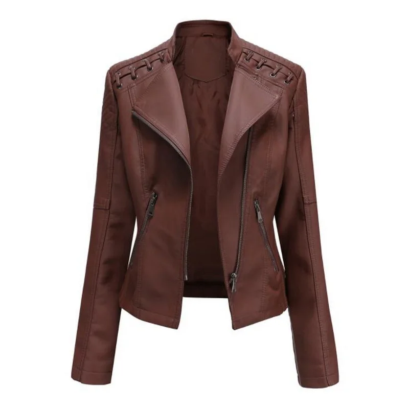 Blouson en similicuir PU femme, vêtement d'extérieur, col montant, moto, 9 couleurs