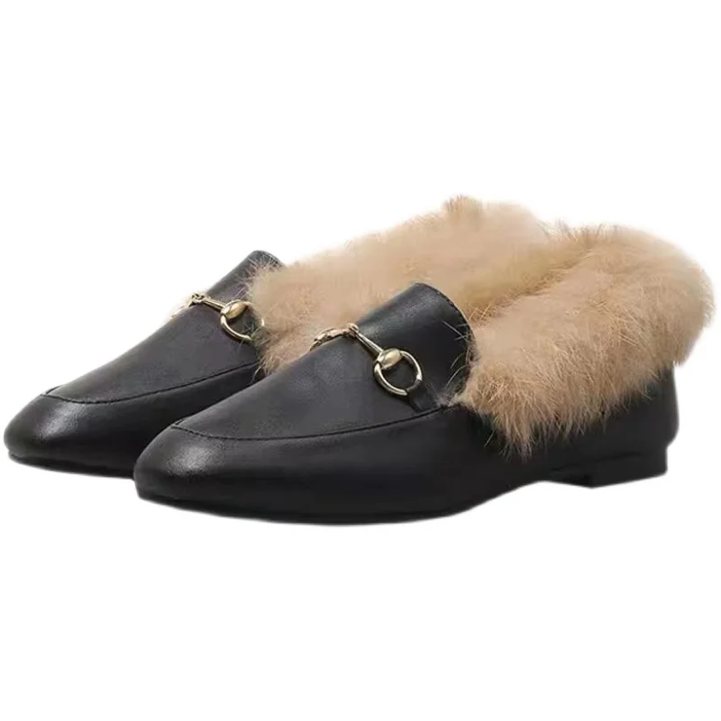 Women\'s Winter Wear New Single Layer Shoes Women\'s Flat Fashionable All-Match Cotton Shoes Fleece-Lined Casual Shoes Fluffy Shoe