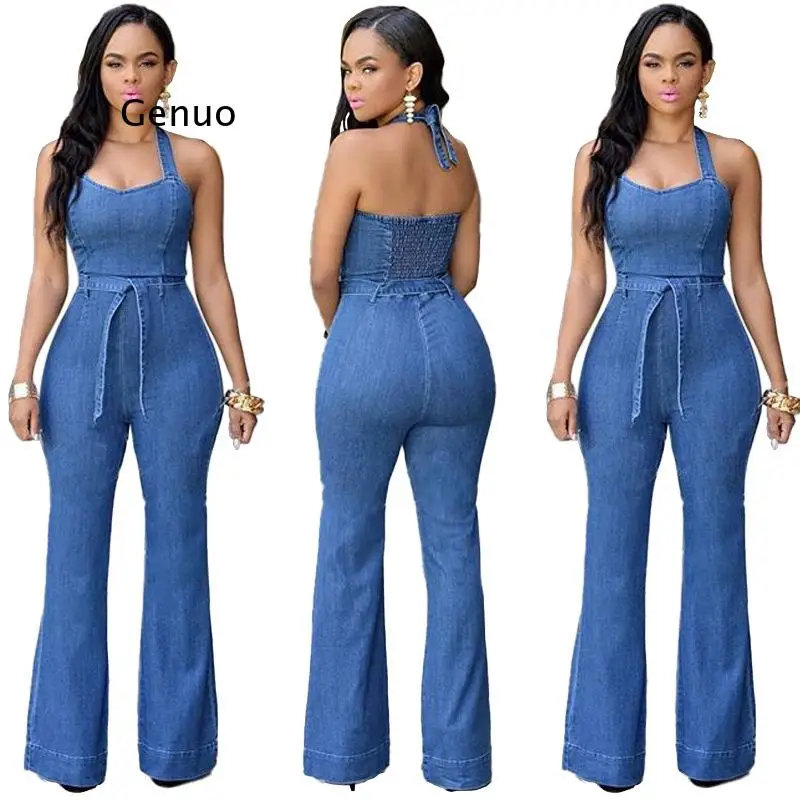 

Women Blue Sexy Fitness Denim Jumpsuits Casual Halter Sleevless Playsuits Slim Overalls Jeans Rompers Pants with Belt