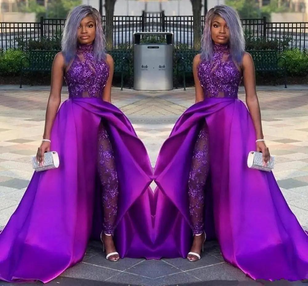 Modern  Jumpsuits Prom Dresses With Detachable Train High Neck Lace Appliqued Bead Purple African Women Party Evening Pant Suit