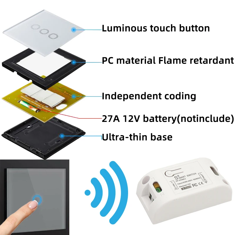 WenQia Touch Light Switch Wireless Remote Control 433MHz AC 110V 220V 10A Receiver 86 Wall Panel For Smart Home Ceiling Lamp LED
