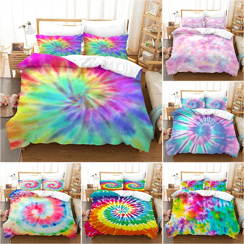 

3D Rainbow Tie-dye Duvet Cover & Pillow Cover Set Single Double Twin Full Queen King Size Orange Bedding Home Textile Bed Set