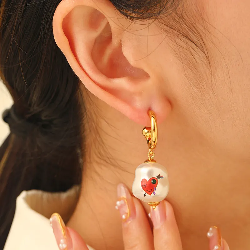 French Vintage Fashion Earrings Baroque Imitation Pearl Rose Cartoon Printing Drop Earrings For Women 925 Silver Needle Jewelry