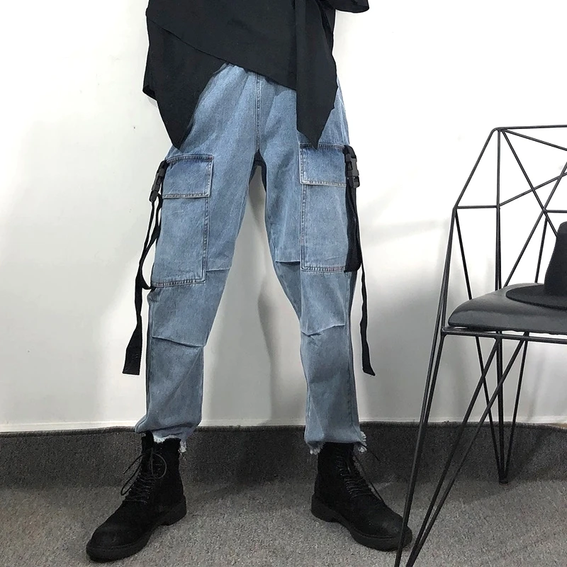 

2021 Fall fashion men's multi-pocket light blue jeans cargo pants loose straight pants High quality ruffled trousers