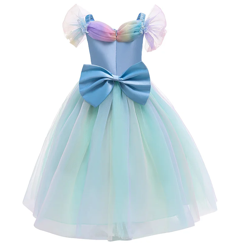 Vestido de princesa azul para niñas, traje elegante para fiesta, cumpleaños, Carnaval, malla arcoíris, largo