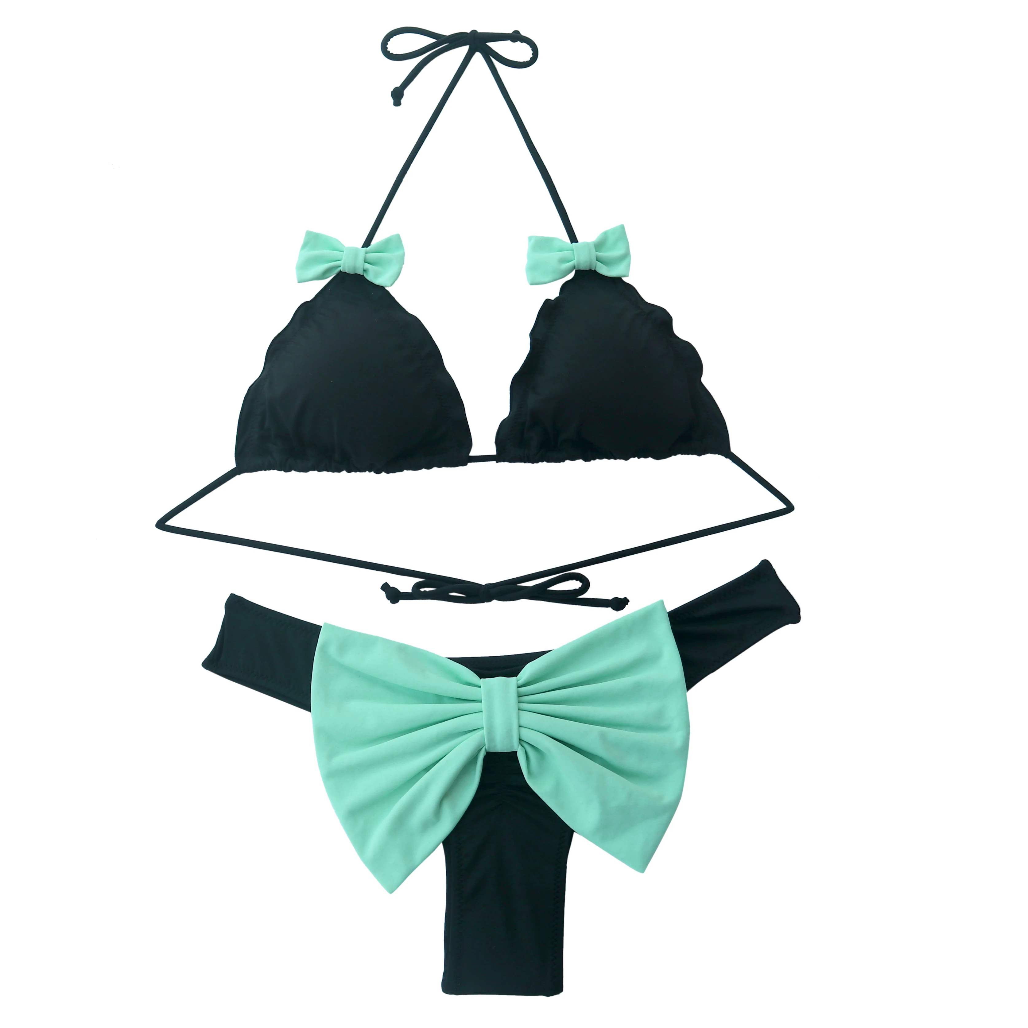 Summer Women Green Bow Triangle Bikini Set Black Secret Swimsuit Biquini Thong Bottom Brazilian Bathing Suit Cheeky Swimwear