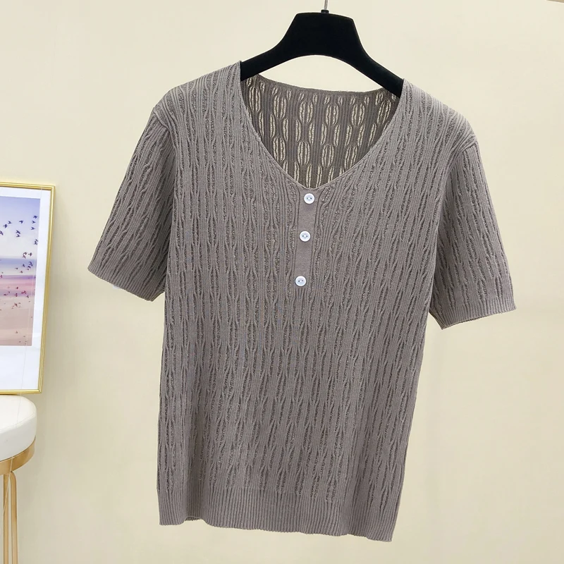 M-4XL Large size summer thin pullover v-neck sweater women short sleeve loose knitted bottoming shirt wool top