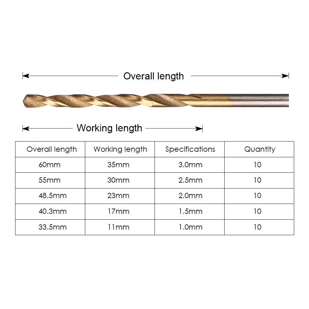 50 peças titânio revestido broca bits conjunto hss alta velocidade aço broca conjunto ferramenta de alta qualidade conjunto de ferramentas manuais 1/1.5/2/2.5/3mm