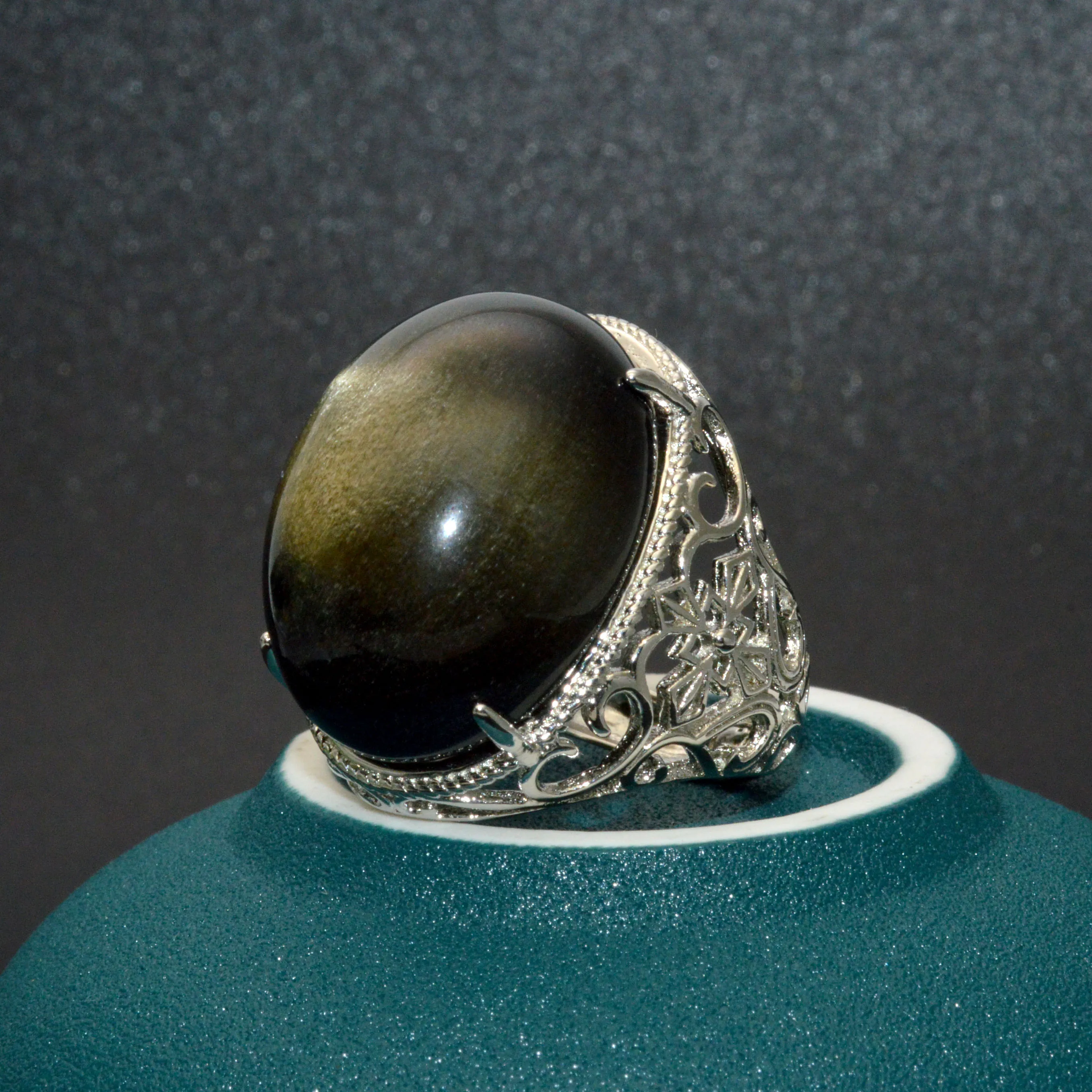 Golden Obsidian Exorcise Evil Spirits Jewelry Big Size Metal Ring 18x24mm Oval Shape Adjustable Men's Ring Luxury Jewelry Gift