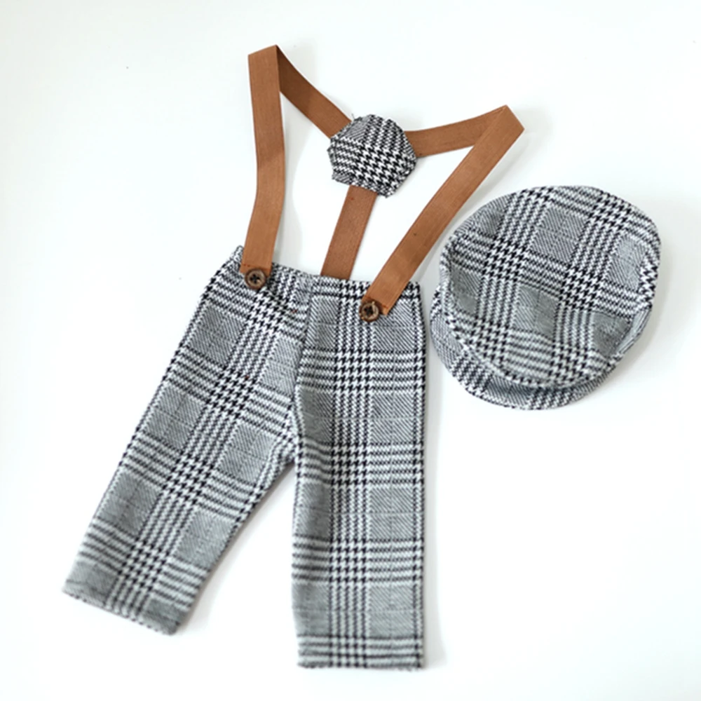 Baby Boys Little Gentleman Plaid Clothing Long Pants And Hat Set For Newborn Photography Props Photo Studio Costume Twin Outfit