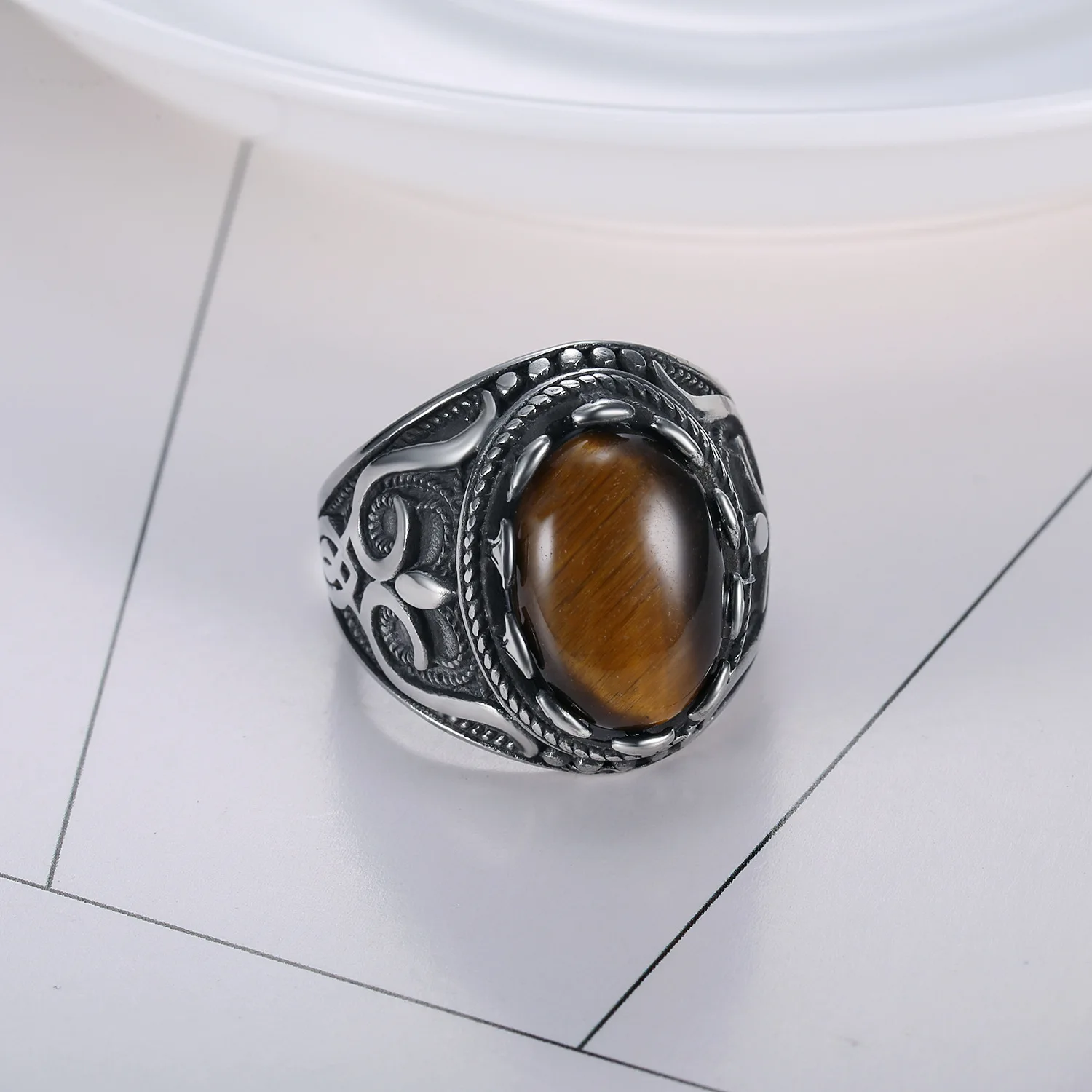 Retro Round Titanium Steel Inlaid 3colour Onyx Ring Gift Men Domineering Rings Party Jewellry Accessory Hollowen Gift