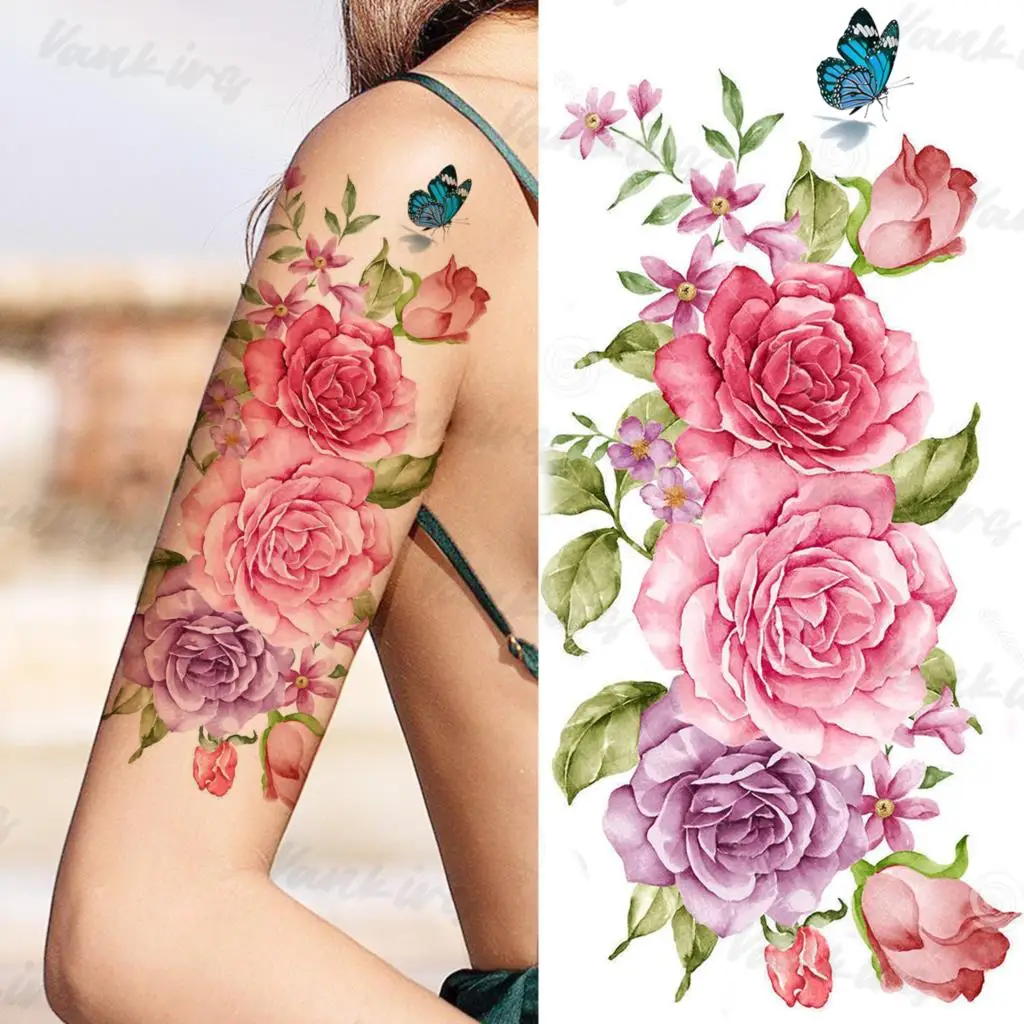 Colorful Flower Butterfly Temporary Tattoos For Women Adults Dahlia Flora Waterproof Fake Tattoo Sticker Sexy Arm Waist Tatoos