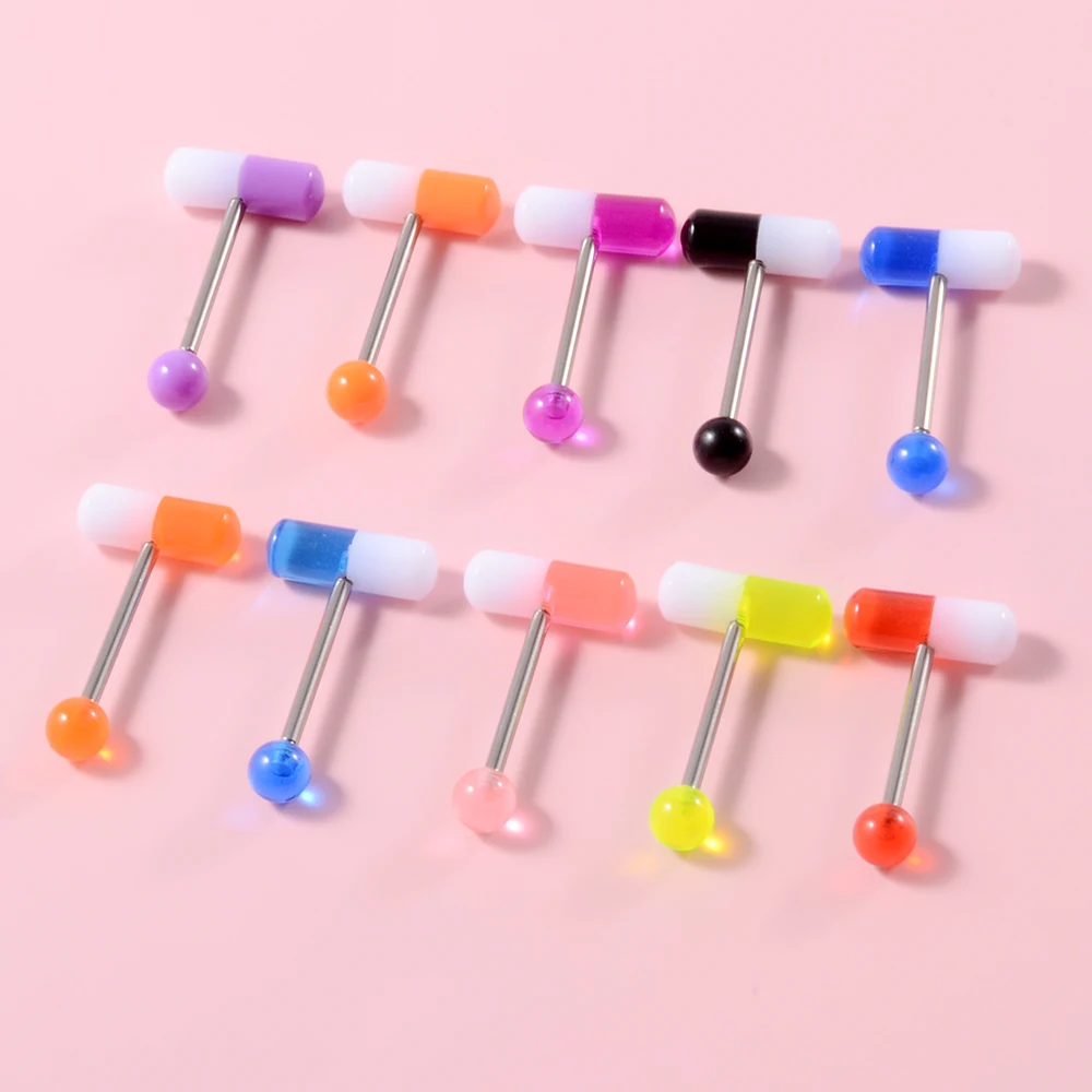 10pcs/Lot Surgical Steel Acrylic Pill Top Colorful Capsule Tongue Ring Piercing Jewelry Women Tongue Ring Bars Barbell 14G